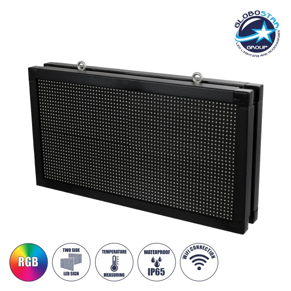 GloboStar® DISPLAY 90279 LED Scrolling Display 64x32cm - Κυλιόμενη Ψηφιακή Πινακίδα / Επιγραφή Διπλής Όψης P10 LED SMD AC 220-240V - Λειτουργία μέσω Wi-Fi με Εφαρμογή APP - Αισθήτηρας Θερμοκρασίας και Υγρασίας - Αδιάβροχο IP65 - Μ70 x Π11 x Υ38.5cm - RGB 