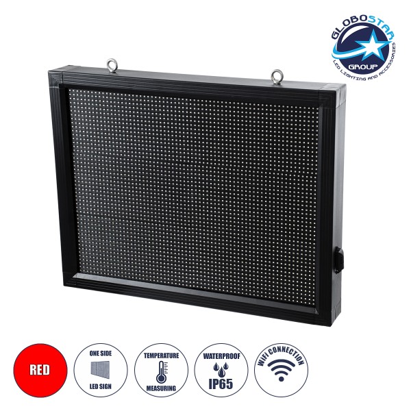 GloboStar® DISPLAY 90286 LED Scrolling Display 64x48cm - Κυλιόμενη Ψηφιακή Πινακίδα / Επιγραφή Μονής Όψης P10 LED SMD AC 220-240V - Λειτουργία μέσω Wi-Fi με Εφαρμογή APP - Αισθήτηρας Θερμοκρασίας και Υγρασίας - Αδιάβροχο IP65 - Μ72 x Π9 x Υ56cm - Κόκκινο 