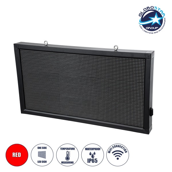 GloboStar® DISPLAY 90296 LED Scrolling Display 96x48cm - Κυλιόμενη Ψηφιακή Πινακίδα / Επιγραφή Μονής Όψης P10 LED SMD AC 220-240V - Λειτουργία μέσω Wi-Fi με Εφαρμογή APP - Αισθήτηρας Θερμοκρασίας και Υγρασίας - Αδιάβροχο IP65 - Μ104 x Π9 x Υ56cm - Κόκκινο