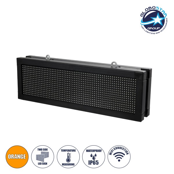 GLOBOSTAR®DISPLAY 90319 Κυλιόμενη Ψηφιακή Επιγραφή 64x16cm P10 Διπλής Όψης LED AC 220-240V Αδιάβροχο IP65 Πορτοκαλί - WiFi Control μέσω FK APP - Αισθητήρας Θερμοκρασίας & Υγρασίας - Μ70.5 x Π11 x Υ22.5cm - 2 Χρόνια Εγγύηση