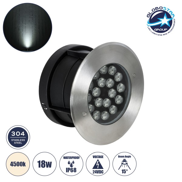 GloboStar® UNDERGROUND-SINA 90572 Χωνευτό Φωτιστικό Σποτ Δαπέδου LED 18W 1710lm 15° DC 24V Αδιάβροχο IP68 Φ20 x Υ11cm Φυσικό Λευκό 4500K - Ανοξείδωτο Ατσάλι - 3 Χρόνια Εγγύηση