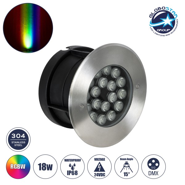 GloboStar® UNDERGROUND-SINA 90573 Χωνευτό Φωτιστικό Σποτ Δαπέδου LED 18W 1530lm 15° DC 24V Αδιάβροχο IP68 Φ20 x Υ11cm RGBW DMX512 - Ανοξείδωτο Ατσάλι - 3 Χρόνια Εγγύηση