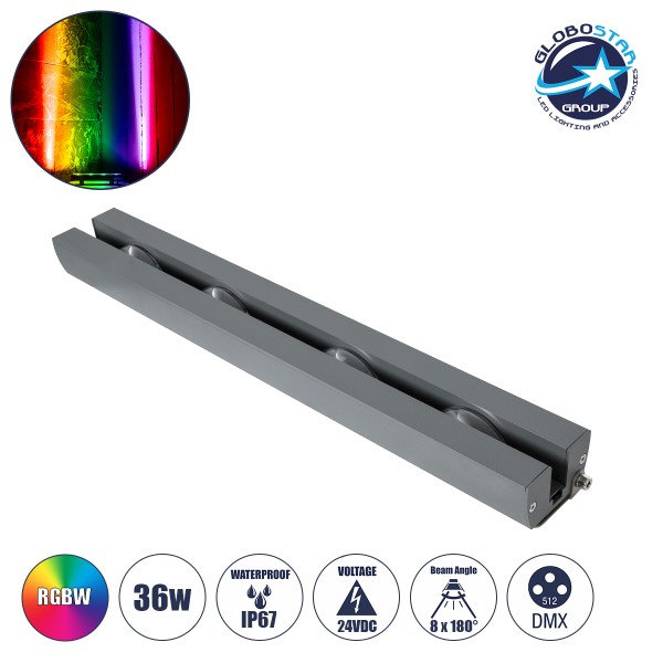 GloboStar® WINDOW-ARTE 90725 Αρχιτεκτονικό Φωτιστικό Ανάδειξης Παραθύρων & Θυρών - Window & Door Light LED 36W 3060lm 8x180° DC 24V Αδιάβροχο IP67 Μ50 x Π7 x Υ4.5cm RGBW DMX512 - Γκρι Ανθρακί - 3 Χρόνια Εγγύηση