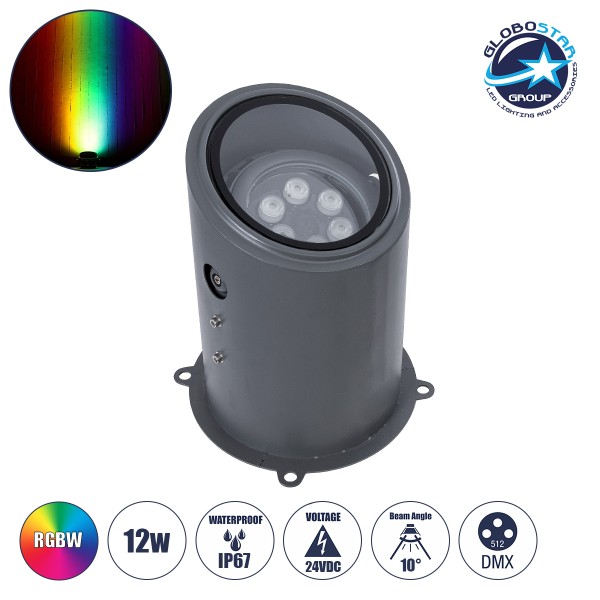 GloboStar® FLOOD-MILO 90736 Κινούμενος Προβολέας - Σποτ Φωτισμού Wall Washer για Φωτισμό Κτιρίων LED 12W 1020lm 10° DC 24V Αδιάβροχο IP67 Φ17 x Υ26cm RGBW DMX512 - Γκρι Ανθρακί - 3 Χρόνια Εγγύηση