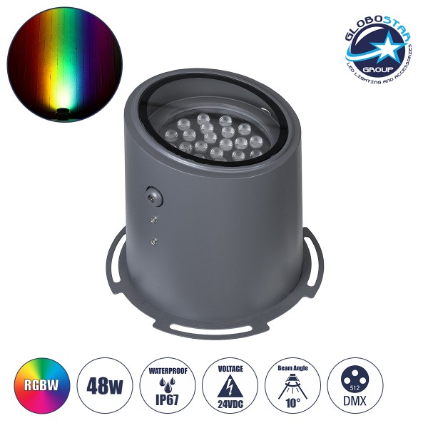GloboStar® FLOOD-MILO 90742 Κινούμενος Προβολέας - Σποτ Φωτισμού Wall Washer για Φωτισμό Κτιρίων LED 48W 4080lm 10° DC 24V Αδιάβροχο IP67 Φ26 x Υ30cm RGBW DMX512 - Γκρι Ανθρακί - 3 Χρόνια Εγγύηση