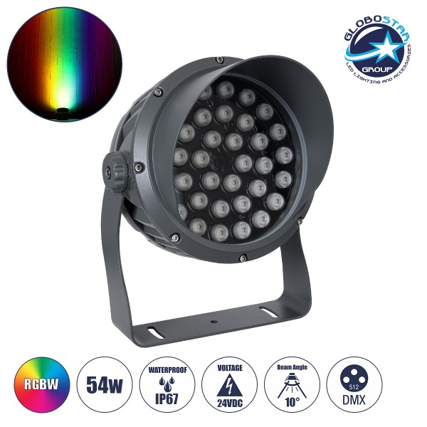 GloboStar® FLOOD-DIMO 90745 Προβολέας Wall Washer με Αντιθαμβωτική Γρίλια για Φωτισμό Κτιρίων LED 54W 4590lm 10° DC 24V Αδιάβροχο IP67 Μ26 x Π28 x Υ35cm RGBW DMX512 - Γκρι Ανθρακί - 3 Χρόνια Εγγύηση