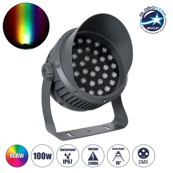 GloboStar® FLOOD-DIMO 90748 Προβολέας Wall Washer με Αντιθαμβωτική Γρίλια για Φωτισμό Κτιρίων LED 100W 8500lm 10° DC 24V Αδιάβροχο IP67 Μ34 x Π36 x Υ44cm RGBW DMX512 - Γκρι Ανθρακί - 3 Χρόνια Εγγύηση