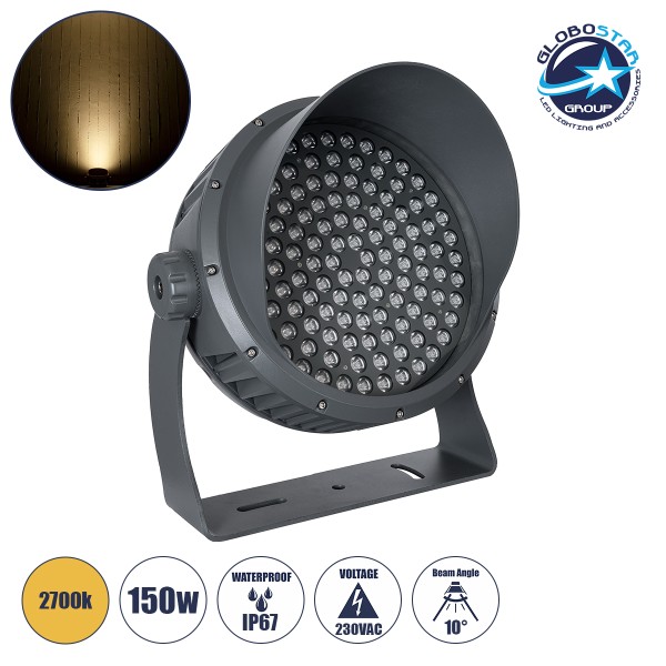 GloboStar® FLOOD-DIMO 90749 Προβολέας Wall Washer με Αντιθαμβωτική Γρίλια για Φωτισμό Κτιρίων LED 150W 13500lm 10° AC 220-240V Αδιάβροχο IP67 Μ43 x Π45 x Υ46cm Θερμό Λευκό 2700K - Γκρι Ανθρακί - 3 Χρόνια Εγγύηση