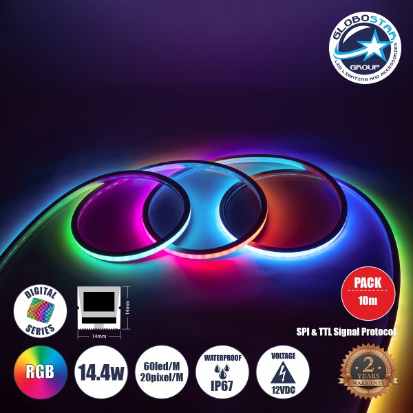 GLOBOSTAR® NEONIO 90753 Ψηφιακή Pixel Addressable Ταινία Neon Flex LED 14.4W/m 864lm/m 90° DC 12V Αδιάβροχο IP67 60 x SMD 5050 Chip/m 20 x Pixel/m Πολύχρωμο RGB Dimmable SPI/TTL Protocol IC SM16703P/WS2811/WS2812 - Μ1000 x Π1.4 x Υ1.4cm - Ρολό 10 Μέτρων -