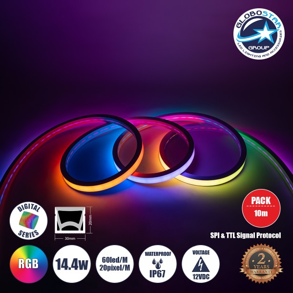 GLOBOSTAR® NEONIO 90754 Ψηφιακή Pixel Addressable Ταινία Neon Flex LED 14.4W/m 864lm/m 90° DC 12V Αδιάβροχο IP67 60 x SMD5050 Chip/m 20 x Pixel/m Πολύχρωμο RGB Dimmable SPI/TTL Protocol IC SM16703P/WS2811/WS2812 - Μ1000 x Π3 x Υ2cm - Ρολό 10 Μέτρων - 2 Χρ