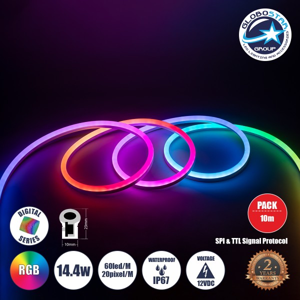 GLOBOSTAR® NEONIO 90755 Ψηφιακή Pixel Addressable Ταινία Neon Flex LED 14.4W/m 864lm/m 180° DC 12V Αδιάβροχο IP67 60 x SMD 5050 Chip/m 20 x Pixel/m Πολύχρωμο RGB Dimmable SPI/TTL Protocol IC SM16703P/WS2811/WS2812 - Μ1000 x Π1 x Υ2.3cm - Ρολό 10 Μέτρων - 
