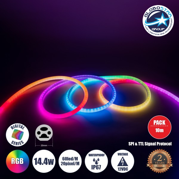 GLOBOSTAR® NEONIO 90756 Ψηφιακή Pixel Addressable Ταινία Neon Flex LED 14.4W/m 864lm/m 360° DC 12V Αδιάβροχο IP67 60 x SMD 5050 Chip/m 20 x Pixel/m Πολύχρωμο RGB Dimmable SPI/TTL Protocol IC SM16703P/WS2811/WS2812 - Μ1000 x Π2 x Υ2cm - Ρολό 10 Μέτρων - 2 