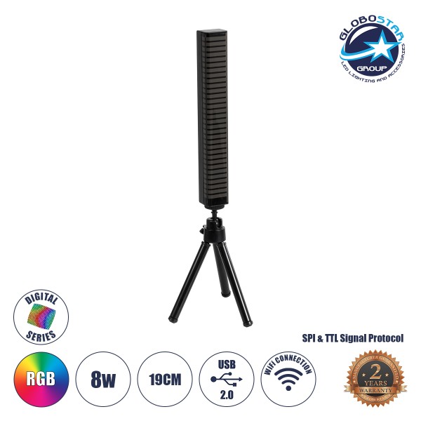 GloboStar® DIGICOLUMN 90761 Μοντέρνο Επιτραπέζιο Φωτιστικό Γραφείου WiFi Digital Pixel Rhythm Music Bar LED 8W 640lm 90° DC 5V με USB 2.0 & WiFi Mobile APP IP20 - Εναλλαγή Φωτισμού μέσω WiFi Εφαρμογής - Πολύχρωμο RGB - Dimmable - Μαύρο - Μ2.3 x Π2.5 x Υ19