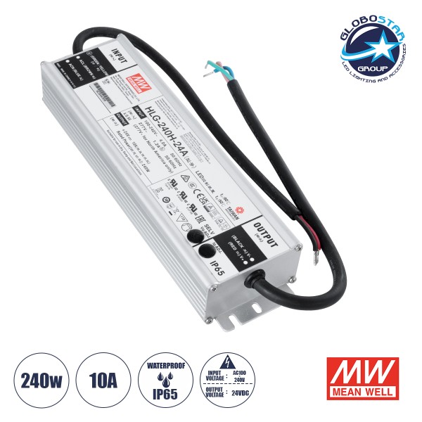 GloboStar® HLG-240H-24A 90793 MEANWELL Αδιάβροχο Ρυθμιζόμενο Μεταλλικό Τροφοδοτικό SELV για Προϊόντα LED 240W 10A - AC 220-240V σε DC 24V - Ρυθμιζόμενο από 22.4VDC έως 25.6VDC - Αδιάβροχο IP65 Μ24.4 x Π6.8 x Υ3.88cm - 3 Years Warranty