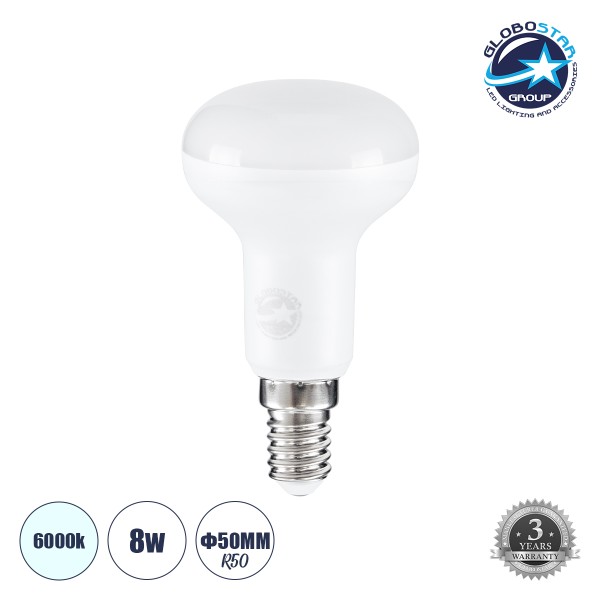 GloboStar® 60075 Λάμπα LED E14 R50 Σποτ 8W 800lm 120° AC 220-240V IP20 Φ5 x Υ8.9cm Ψυχρό Λευκό 6000K - 3 Χρόνια Εγγύηση