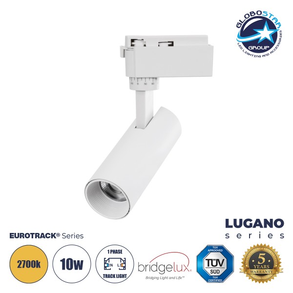 GloboStar® LUGANO 60802 Μονοφασικό Φωτιστικό Σποτ Ράγας LED 10W 1200lm 36° Acrylic HQ LENS AC 220-240V IP20 Φ4.5 x Υ19cm Θερμό Λευκό 2700K -  EUROTRACK® System 1L+1N - Λευκό - Bridgelux Chip - TÜV Certified Driver - 5 Χρόνια Εγγύηση