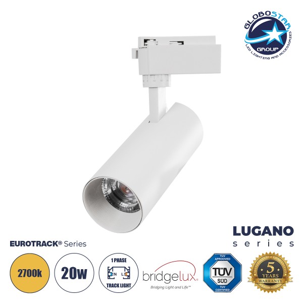 GloboStar® LUGANO 60808 Μονοφασικό Φωτιστικό Σποτ Ράγας LED 20W 2400lm 36° Acrylic HQ LENS AC 220-240V IP20 Φ6.5 x Υ22cm Θερμό Λευκό 2700K -  EUROTRACK® System 1L+1N - Λευκό - Bridgelux Chip - TÜV Certified Driver - 5 Χρόνια Εγγύηση
