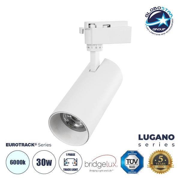 GloboStar® LUGANO 60812 Μονοφασικό Φωτιστικό Σποτ Ράγας LED 30W 3900lm 36° Acrylic HQ LENS AC 220-240V IP20 Φ7.5 x Υ22.7cm Ψυχρό Λευκό 6000K -  EUROTRACK® System 1L+1N - Λευκό - Bridgelux Chip - TÜV Certified Driver - 5 Χρόνια Εγγύηση