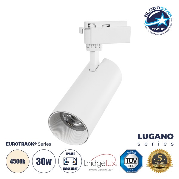 GloboStar® LUGANO 60813 Μονοφασικό Φωτιστικό Σποτ Ράγας LED 30W 3750lm 36° Acrylic HQ LENS AC 220-240V IP20 Φ7.5 x Υ22.7cm Φυσικό Λευκό 4500K -  EUROTRACK® System 1L+1N - Λευκό - Bridgelux Chip - TÜV Certified Driver - 5 Χρόνια Εγγύηση