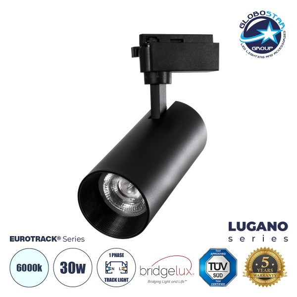 GloboStar® LUGANO 60815 Μονοφασικό Φωτιστικό Σποτ Ράγας LED 30W 3900lm 36° Acrylic HQ LENS AC 220-240V IP20 Φ7.5 x Υ22.7cm Ψυχρό Λευκό 6000K -  EUROTRACK® System 1L+1N - Μαύρο - Bridgelux Chip - TÜV Certified Driver - 5 Χρόνια Εγγύηση