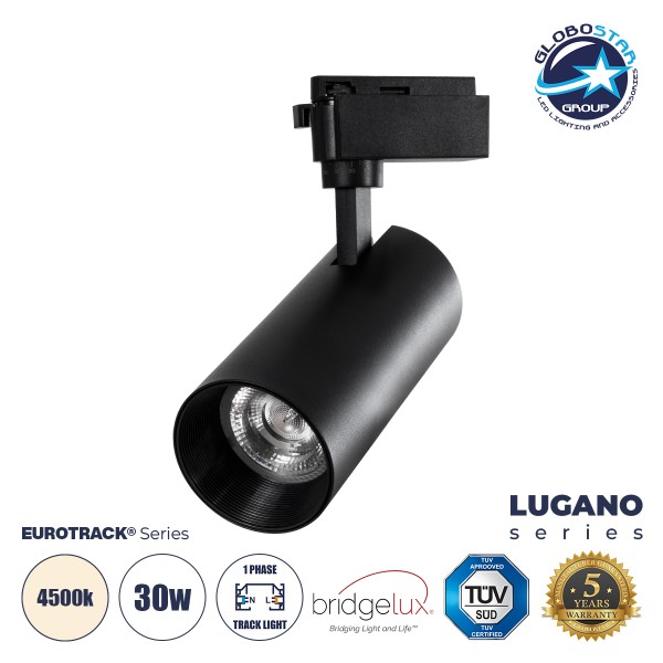 GloboStar® LUGANO 60816 Μονοφασικό Φωτιστικό Σποτ Ράγας LED 30W 3750lm 36° Acrylic HQ LENS AC 220-240V IP20 Φ7.5 x Υ22.7cm Φυσικό Λευκό 4500K -  EUROTRACK® System 1L+1N - Μαύρο - Bridgelux Chip - TÜV Certified Driver - 5 Χρόνια Εγγύηση