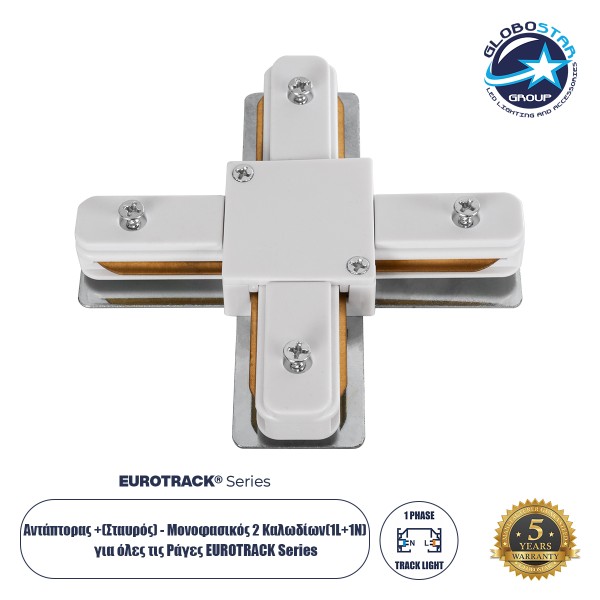 GloboStar® 2L-EUROTRACK 60910 Αντάπτορας +(Σταυρός) - Μονοφασικός 2 Καλωδίων για όλες τις Ράγες EUROTRACK AC 220-240V IP20 Μ10.7 x Π10.7 x Υ1.5cm - EUROTRACK® System 1L+1N - Θερμοπλαστικό - Λευκό - 5 Χρόνια Εγγύηση
