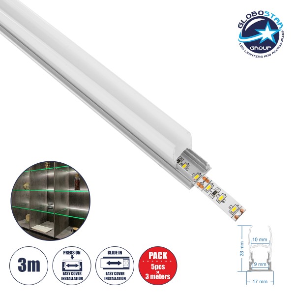 GloboStar® GLASSBOARD-PROFILE 70812-3M Προφίλ Αλουμινίου - Βάση & Ψύκτρα Ταινίας LED με Λευκό Γαλακτερό Κάλυμμα - Χρήση για Μοριακό Φωτισμό Γυαλιού Πάχους 10mm - Πατητό Κάλυμμα - Ασημί - 3 Μέτρα - Πακέτο 5 Τεμαχίων - Μ300 x Π1.7 x Υ3cm