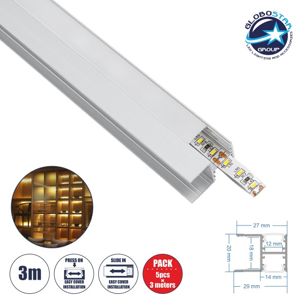 GloboStar® BOARD-PROFILE 70814-3M Προφίλ Αλουμινίου - Βάση & Ψύκτρα Ταινίας LED με Λευκό Γαλακτερό Κάλυμμα - Χρήση για Φωτισμού Ραφιού με Τοποθέτηση σε Ξύλο Πάχους 18mm - Πατητό Κάλυμμα - Ασημί - 3 Μέτρα - Πακέτο 5 Τεμαχίων - Μ300 x Π1.5 x Υ2cm
