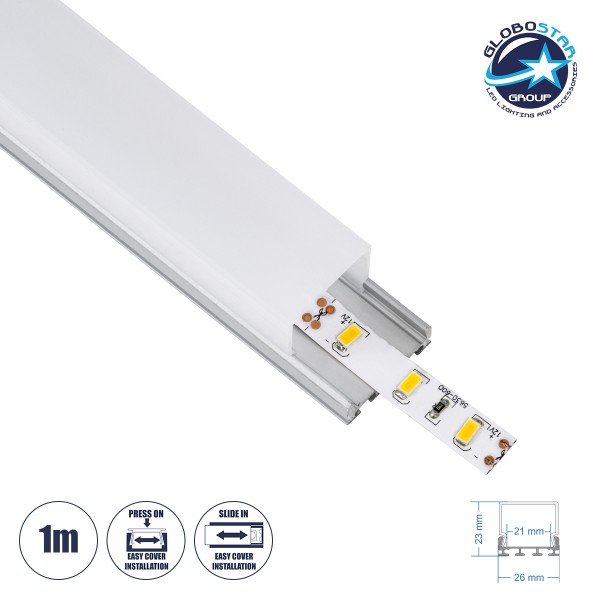 GloboStar® SURFACEPENDANT-PROFILE 70847-1M Προφίλ Αλουμινίου - Βάση & Ψύκτρα Ταινίας LED με Λευκό Γαλακτερό Κάλυμμα - Επιφανειακή & Κρεμαστή Χρήση - Πατητό Κάλυμμα - Ασημί - 1 Μέτρο - Μ100 x Π2.6 x Υ2.3cm