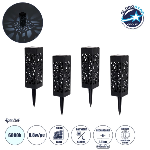 GloboStar® TRIBAL 71525 ΣΕΤ 4 Τεμαχίων Αυτόνομα Ηλιακά Φωτιστικά LED SMD 0.80W/Τεμ. 80lm/Τεμ. με Ενσωματωμένη Μπαταρία 600mAh - Φωτοβολταϊκό Πάνελ με Αισθητήρα Ημέρας-Νύχτας Αδιάβροχο IP65 Φανάρι Κήπου Τετράγωνο Ψυχρό Λευκό 6000K Μ6 x Π6 x Υ18cm - 1 Χρόνo