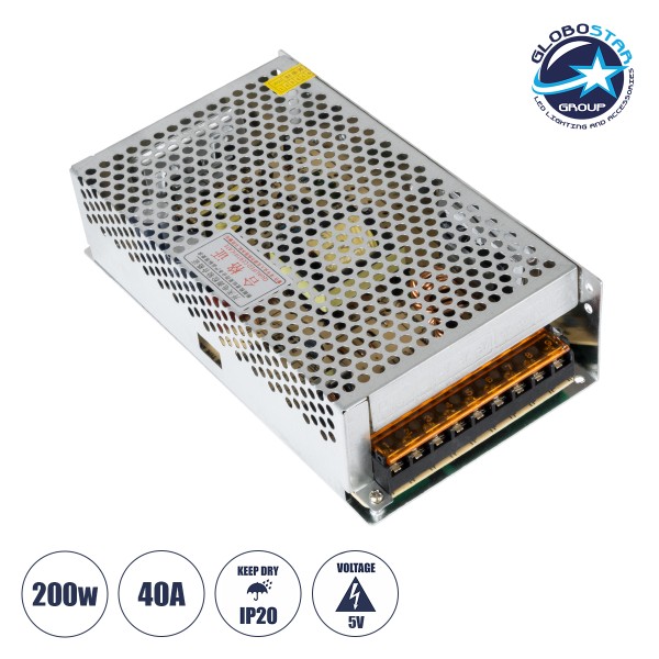 GloboStar® 73021 Μεταλλικό Τροφοδοτικό PELV για Προϊόντα LED 200W 40A - AC 220-240V σε DC 5V - IP20 - Μ20 x Π11 x Υ5cm - 3 Χρόνια Εγγύηση