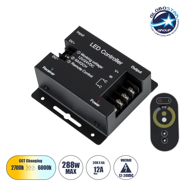 GloboStar® 73351 RFTC-02 DC Dimmer High Speed Controller 2 Κανάλιων DC 12-24V 2 x 6A 288W - Max 12A 288W - IP20 Μ8.3 x Π8.3 x Υ3.2cm - 3 Χρόνια Εγγύηση