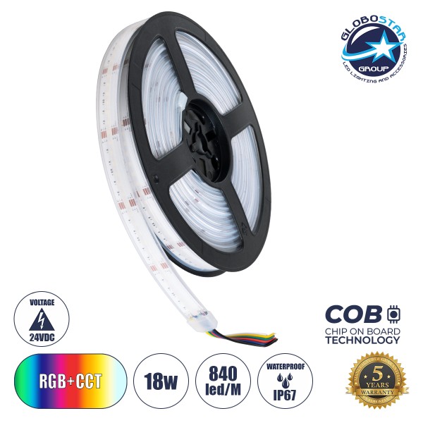 GLOBOSTAR® BEE 73416 Ταινία LED 18W/m 1980lm/m 120° DC 24V Αδιάβροχη IP67 840 x COB Chip/m Πολύχρωμο RGBW+WW Dimmable - Μ500 x Π1.4 x Υ0.4cm - Ρολό 5 Μέτρων - 5 Χρόνια Εγγύηση