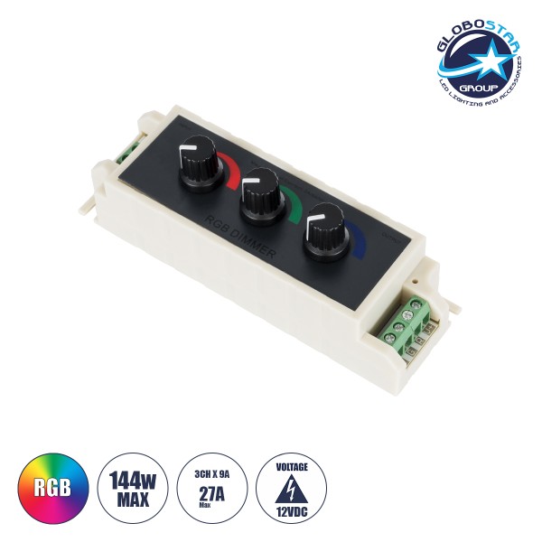 GloboStar® 73419 DC RGB Dimmer Controller 3 Καναλιών DC 12V 3 x 9A 144W - Max 27A 144W - IP20 Μ13 x Π4 x Υ4.5cm - 3 Χρόνια Εγγύηση