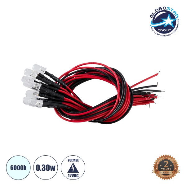 GLOBOSTAR® DIODECHIP 73730 Δίοδος LED 0.3W 30lm 90° DC 12V Αδιάβροχο IP65 Ψυχρό Λευκό 6000K Dimmable - Μ0.5 x Π0.5 x Υ20cm - Πακέτο 10 Τεμαχίων - 2 Χρόνια Εγγύηση