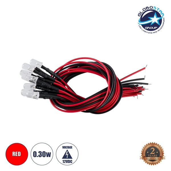 GloboStar® DIODE-LED 73732 Low Power Diode LED - Χαμηλής Ισχύος Δίοδος LED 0.3W DC 12V Κόκκινο - Συσκευασία 10 Τεμαχίων - Dimmable - Φ0.5 x Υ1cm - 2 Χρόνια Εγγύηση