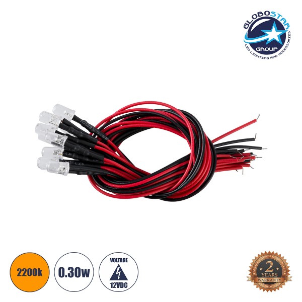 GloboStar® DIODE-LED 73735 Low Power Diode LED - Χαμηλής Ισχύος Δίοδος LED 0.3W DC 12V Ultra Θερμό Λευκό 2200K - Συσκευασία 10 Τεμαχίων - Dimmable - Φ0.5 x Υ1cm - 2 Χρόνια Εγγύηση