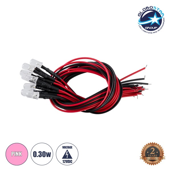 GloboStar® DIODE-LED 73736 Low Power Diode LED - Χαμηλής Ισχύος Δίοδος LED 0.3W DC 12V Ροζ - Συσκευασία 10 Τεμαχίων - Dimmable - Φ0.5 x Υ1cm - 2 Χρόνια Εγγύηση