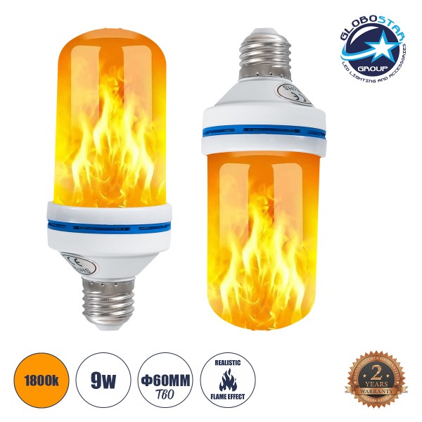 GloboStar® 76075 Λάμπα LED E27 Summer Flame Flickering Fire Burning Effect Peaceful Romantic and Relax 9W 450lm 320° AC 85-265V με 4 Λειτουργίες Εφέ και Αναστροφή Φλόγας Θερμό Λευκό 1800K