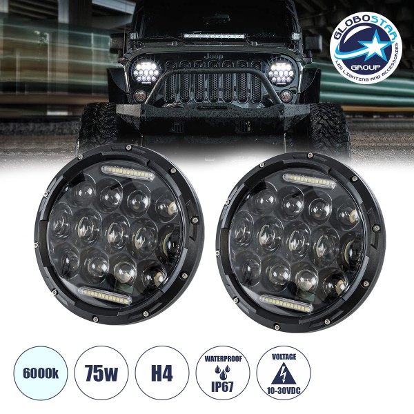 GloboStar® 85417 Σετ 2 x Φανάρια JEEP WRANGLER 7'' Ιντσών Βασικού Φωτισμού H/L με Ring Light DRL & Φλας LED CREE CXB COB 75W 12000lm DC 10-30V Αδιάβροχα IP67 Ψυχρό Λευκό 6000K