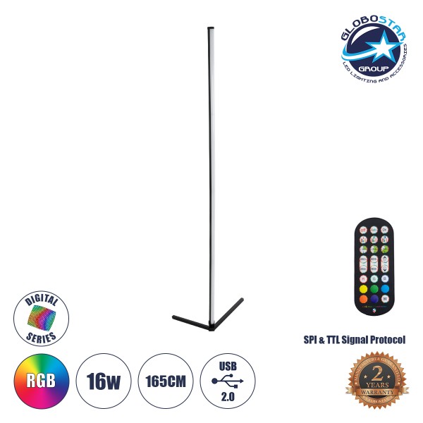 GLOBOSTAR® DIGICOLUMN 90763 Μοντέρνο Επιδαπέδιο Γραμμικό Ψηφιακό Φωτιστικό Digital Pixel Symphony Bar με RF Ασύρματο Χειριστήριο LED 16W 1280lm 180° DC 5V με USB 2.0 IP20 Πολύχρωμο RGB Dimmable - Μαύρο - Φ3 x Υ165cm - 2 Χρόνια Εγγύηση