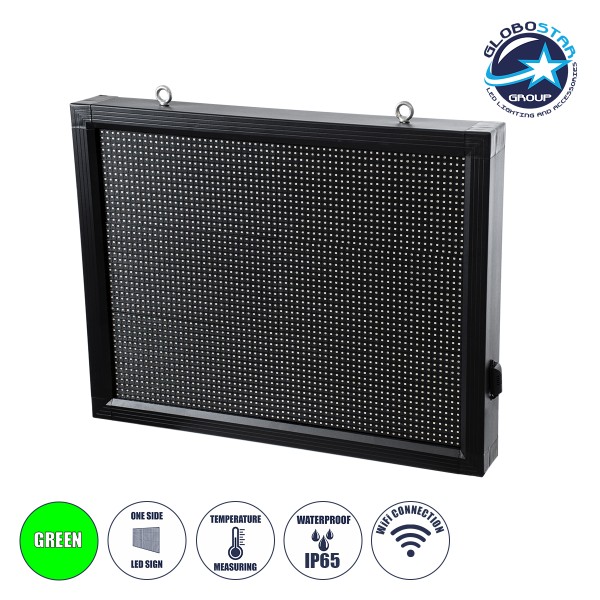 GloboStar® DISPLAY 90801 LED Scrolling Display 64x48cm - Κυλιόμενη Ψηφιακή Πινακίδα / Επιγραφή Μονής Όψης P10 LED SMD AC 220-240V - Λειτουργία μέσω Wi-Fi με Εφαρμογή APP - Αισθήτηρας Θερμοκρασίας και Υγρασίας - Αδιάβροχο IP65 - Μ72 x Π9 x Υ56cm - Πράσινο 