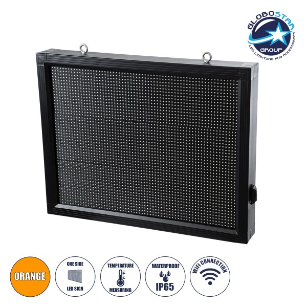 GloboStar® DISPLAY 90803 LED Scrolling Display 64x48cm - Κυλιόμενη Ψηφιακή Πινακίδα / Επιγραφή Μονής Όψης P10 LED SMD AC 220-240V - Λειτουργία μέσω Wi-Fi με Εφαρμογή APP - Αισθήτηρας Θερμοκρασίας και Υγρασίας - Αδιάβροχο IP65 - Μ72 x Π9 x Υ56cm - Πορτοκαλ