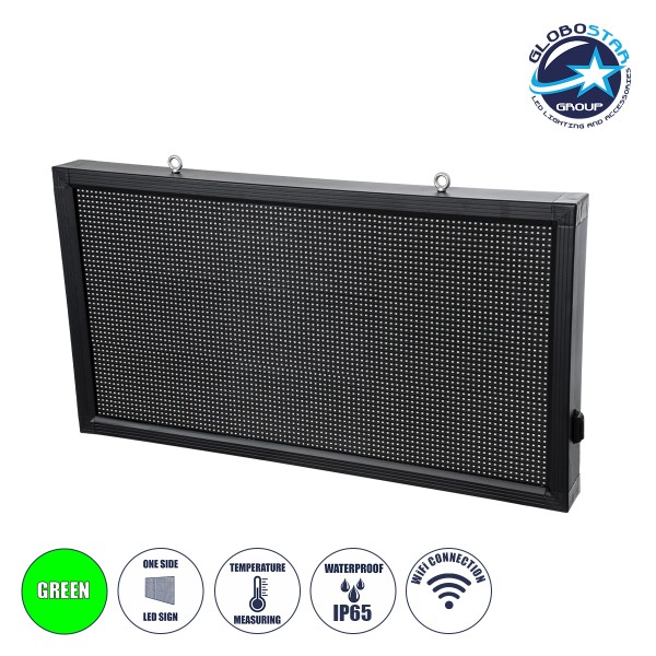 GloboStar® DISPLAY 90809 LED Scrolling Display 96x48cm - Κυλιόμενη Ψηφιακή Πινακίδα / Επιγραφή Μονής Όψης P10 LED SMD AC 220-240V - Λειτουργία μέσω Wi-Fi με Εφαρμογή APP - Αισθήτηρας Θερμοκρασίας και Υγρασίας - Αδιάβροχο IP65 - Μ104 x Π9 x Υ56cm - Πράσινο