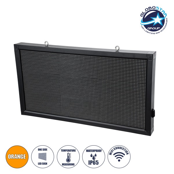 GloboStar® DISPLAY 90811 LED Scrolling Display 96x48cm - Κυλιόμενη Ψηφιακή Πινακίδα / Επιγραφή Μονής Όψης P10 LED SMD AC 220-240V - Λειτουργία μέσω Wi-Fi με Εφαρμογή APP - Αισθήτηρας Θερμοκρασίας και Υγρασίας - Αδιάβροχο IP65 - Μ104 x Π9 x Υ56cm - Πορτοκα