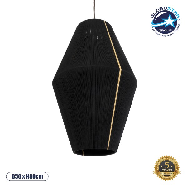 GloboStar® SALERNO 02078 Boho Κρεμαστό Φωτιστικό Καμπάνα Μονόφωτο 1 x E27 IP20 Μαύρο & Μπεζ Βαμβακερό Νήμα - Μ50 x Π50 x Υ80cm