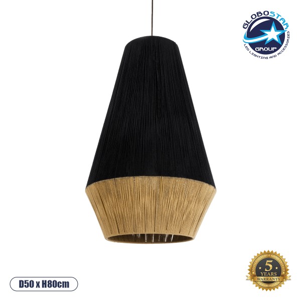 GloboStar® SALERNO 02080 Boho Κρεμαστό Φωτιστικό Καμπάνα Μονόφωτο 1 x E27 IP20 Μαύρο & Μπεζ Βαμβακερό Νήμα - Μ50 x Π50 x Υ80cm