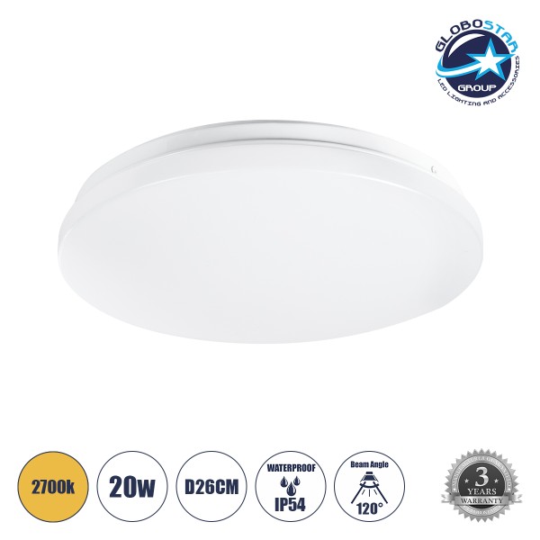 GloboStar® CELANO 61007 LED Πλαφονιέρα Οροφής Στρόγγυλη Φ26 20W 1800lm 120° AC 220-240V Αδιάβροχη IP54 Φ26 x Υ6cm Θερμό Λευκό 2700K - 3 Χρόνια Εγγύηση