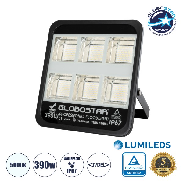 GloboStar® TITAN 61435 Επαγγελματικός Προβολέας για Γήπεδα Tennis & Ποδοσφαίρου 5x5 LED 390W 48750lm 60°x90° FishEye AC 220-240V - Αδιάβροχος IP67 - Μ32 x Π8 x Υ35cm - Μαύρο - Φυσικό Λευκό 5000K - LUMILEDS Chips - TÜV Rheinland Certified - 5 Χρόνια Εγγύησ