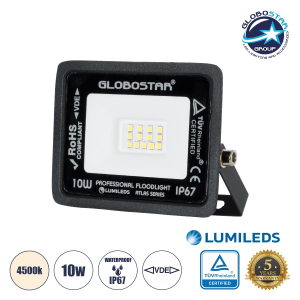GloboStar® ATLAS 61516 Επαγγελματικός Προβολέας LED 10W 1200lm 120° AC 220-240V - Αδιάβροχος IP67 - Μ10 x Π2 x Υ8cm - Μαύρο - Φυσικό Λευκό 4500K - LUMILEDS Chips - TÜV Rheinland Certified - 5 Χρόνια Εγγύηση